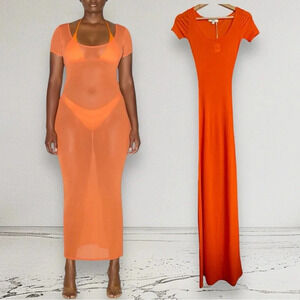 RARE NWT KHY BY KYLIE JENNER Mesh Scoop Neck Maxi Dress Orange Size S
